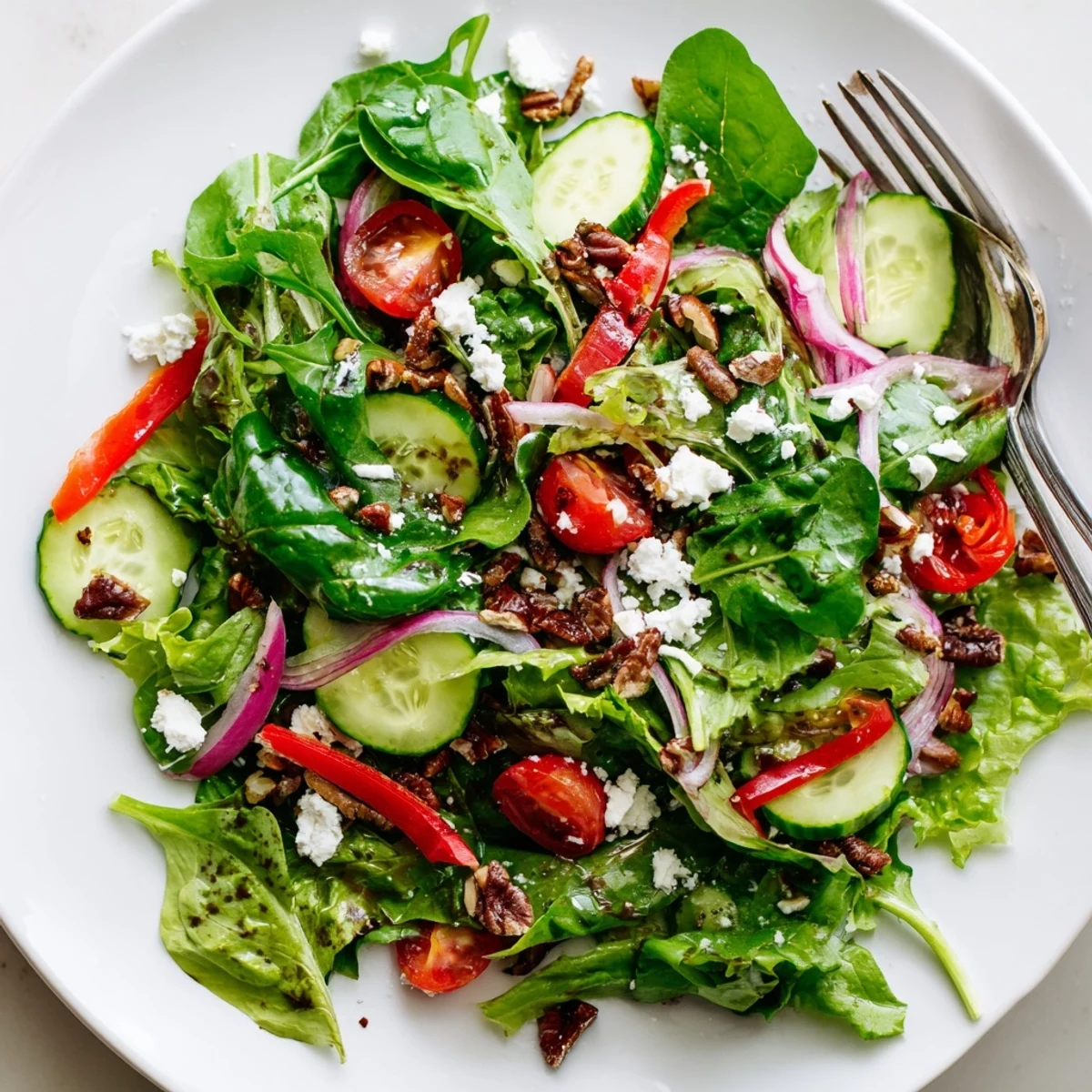 Spring mix salad recipe featuring crisp cucumbers cherry tomatoes and tangy balsamic vinaigrette dressing