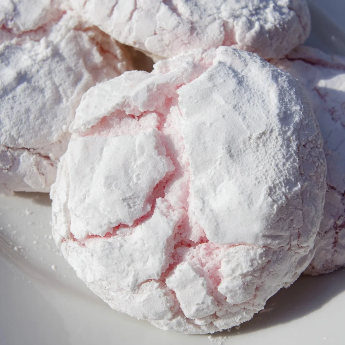 Soft pastel crinkle cookies with powdered sugar coating arranged on a rustic white baking sheet
