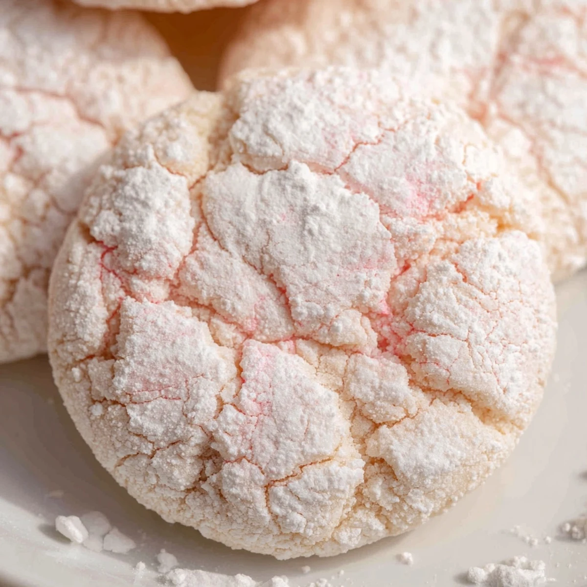 Delicate pink and blue crinkle cookies dusted in snowy powdered sugar ready for serving