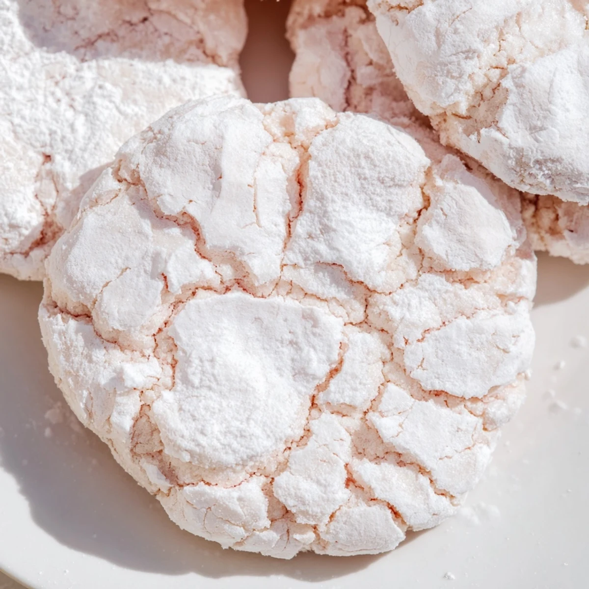 Chewy homemade pastel crinkle cookies displaying beautiful crackled tops coated in sweet powdered sugar