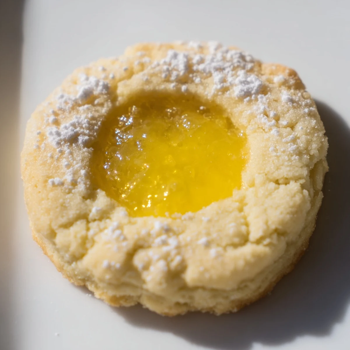 Soft baked lemon curd cookies dusted with powdered sugar on a rustic wooden surface