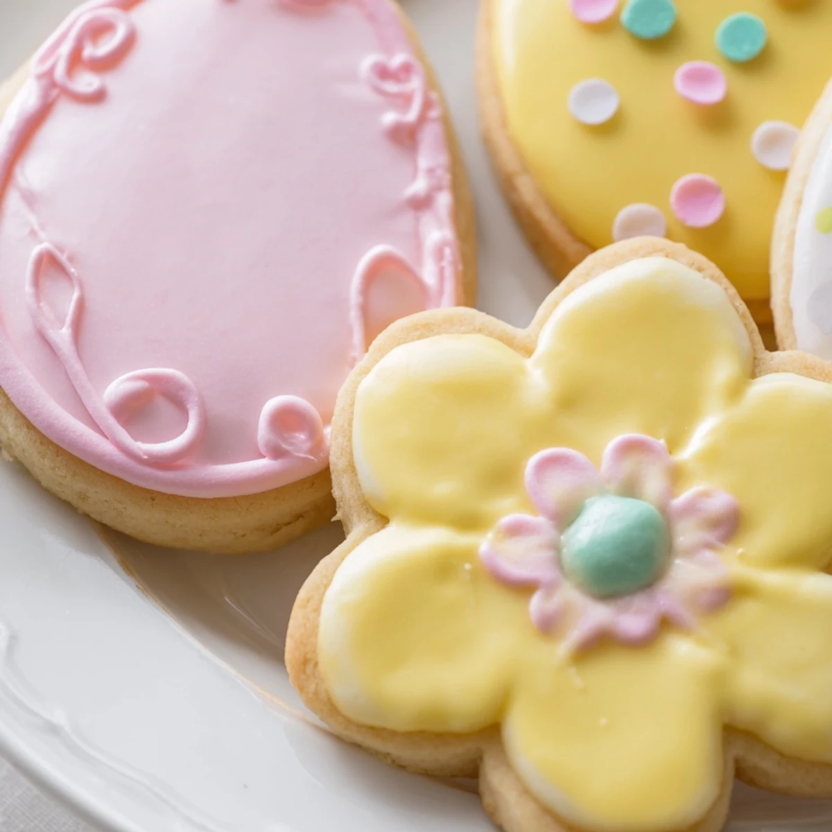 Buttery Spring Easter cookies in egg and bunny shapes drizzled with sweet royal icing
