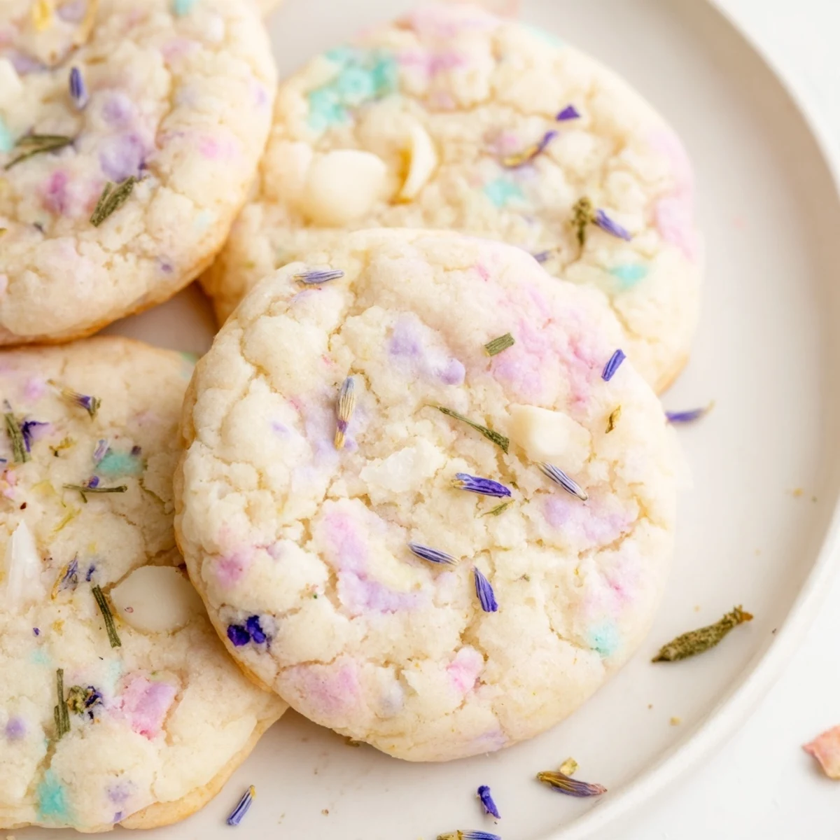 Soft Spring Blossom Cookies topped with pastel sprinkles on a rustic white ceramic plate