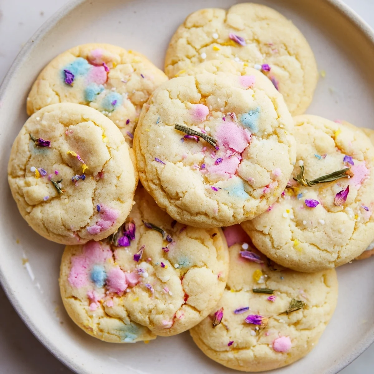 Golden edges on chewy Spring Blossom Cookies dotted with candy-coated chocolate chips