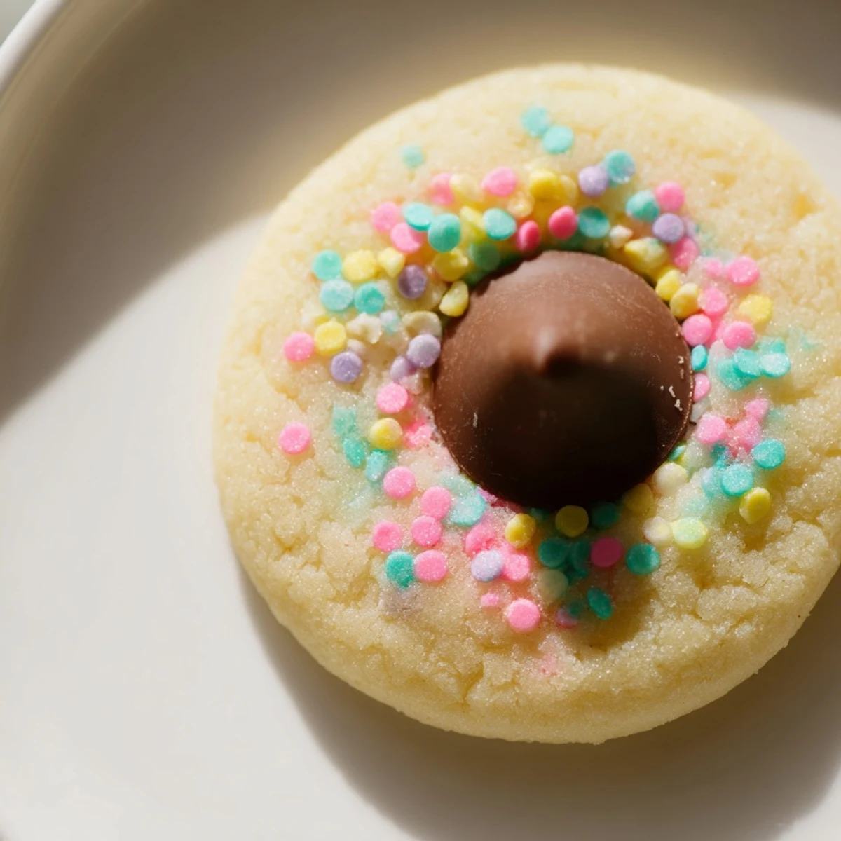 Soft Easter Blossom Cookies topped with colorful chocolate kisses and festive pastel sprinkles.