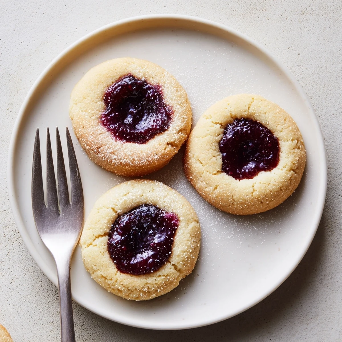 Golden Flower Jam Thumbprint Cookies with vibrant jam centers on a rustic white ceramic plate