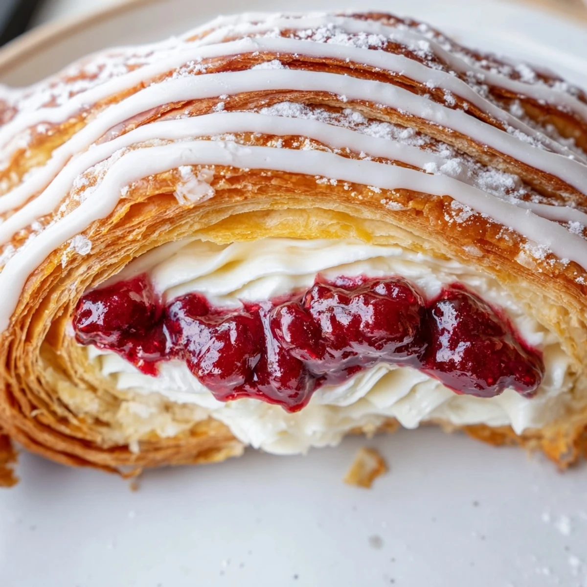 Golden baked Sourdough Discard Raspberry Cream Cheese Danishes drizzled with sweet vanilla glaze on rustic parchment paper
