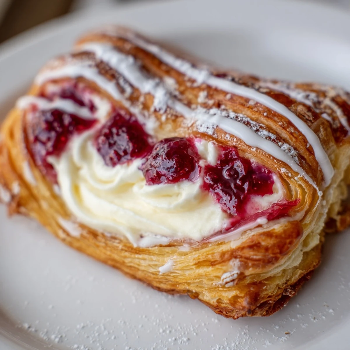 Flaky Sourdough Discard Raspberry Cream Cheese Danishes topped with jewel-toned berries and creamy cheese filling