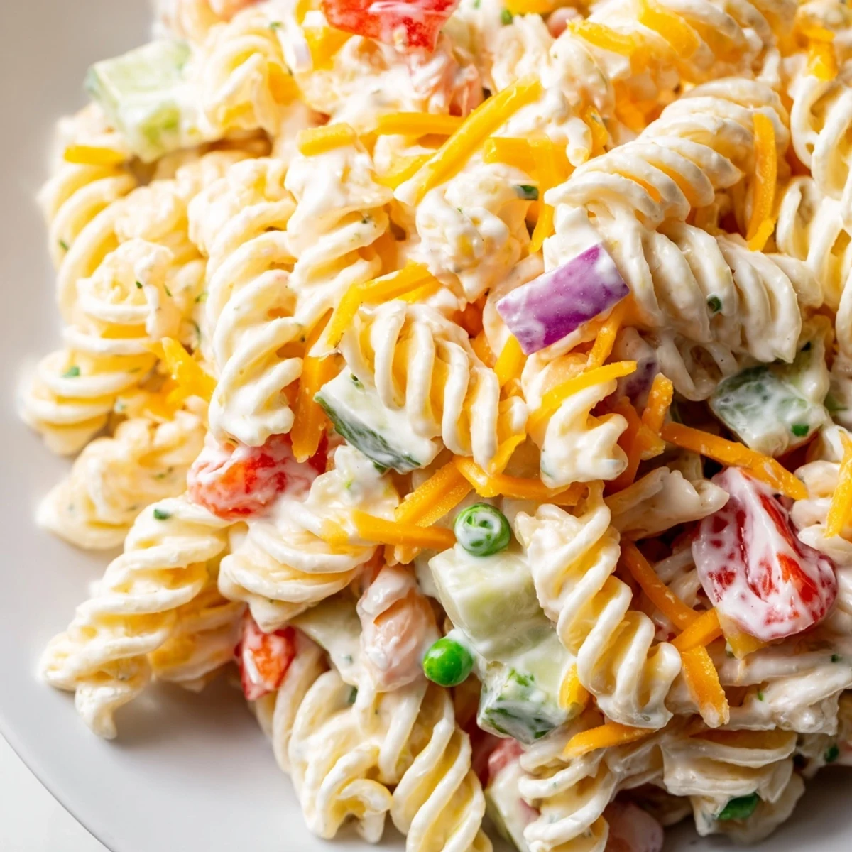 Creamy ranch pasta salad in a white bowl speckled with red tomatoes and green peas