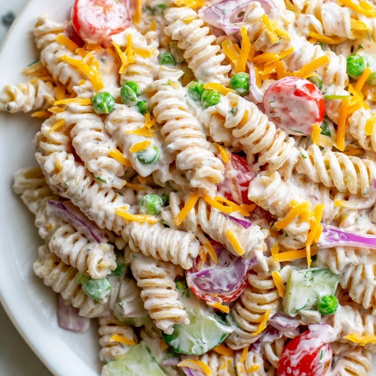 Chilled creamy ranch pasta salad tossed with colorful crisp vegetables on a rustic table