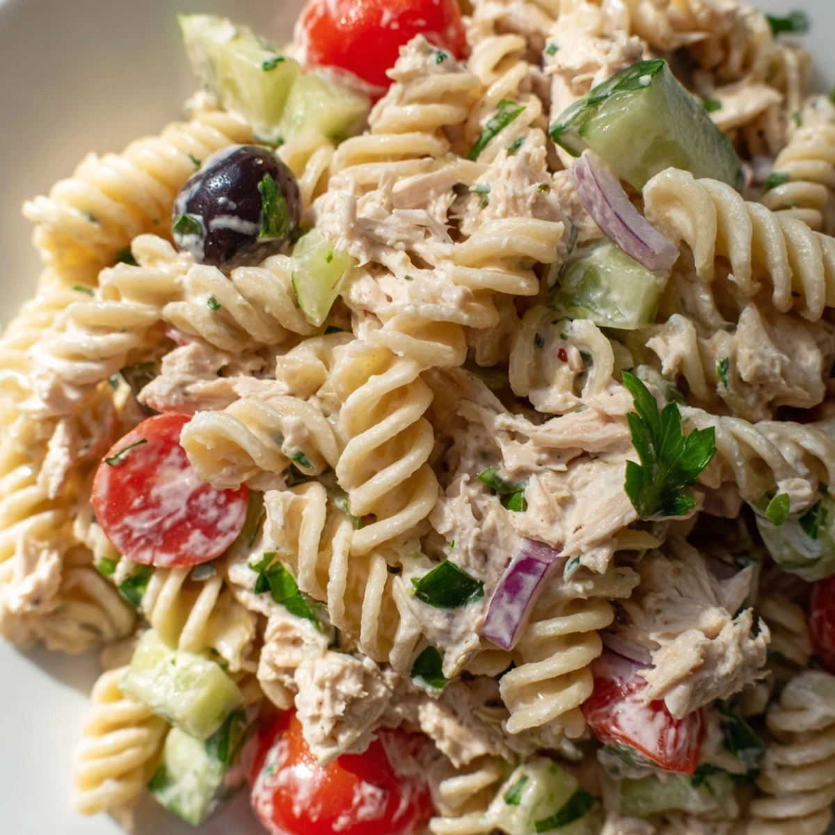 Creamy tuna pasta salad loaded with crisp vegetables in a bowl ready to serve