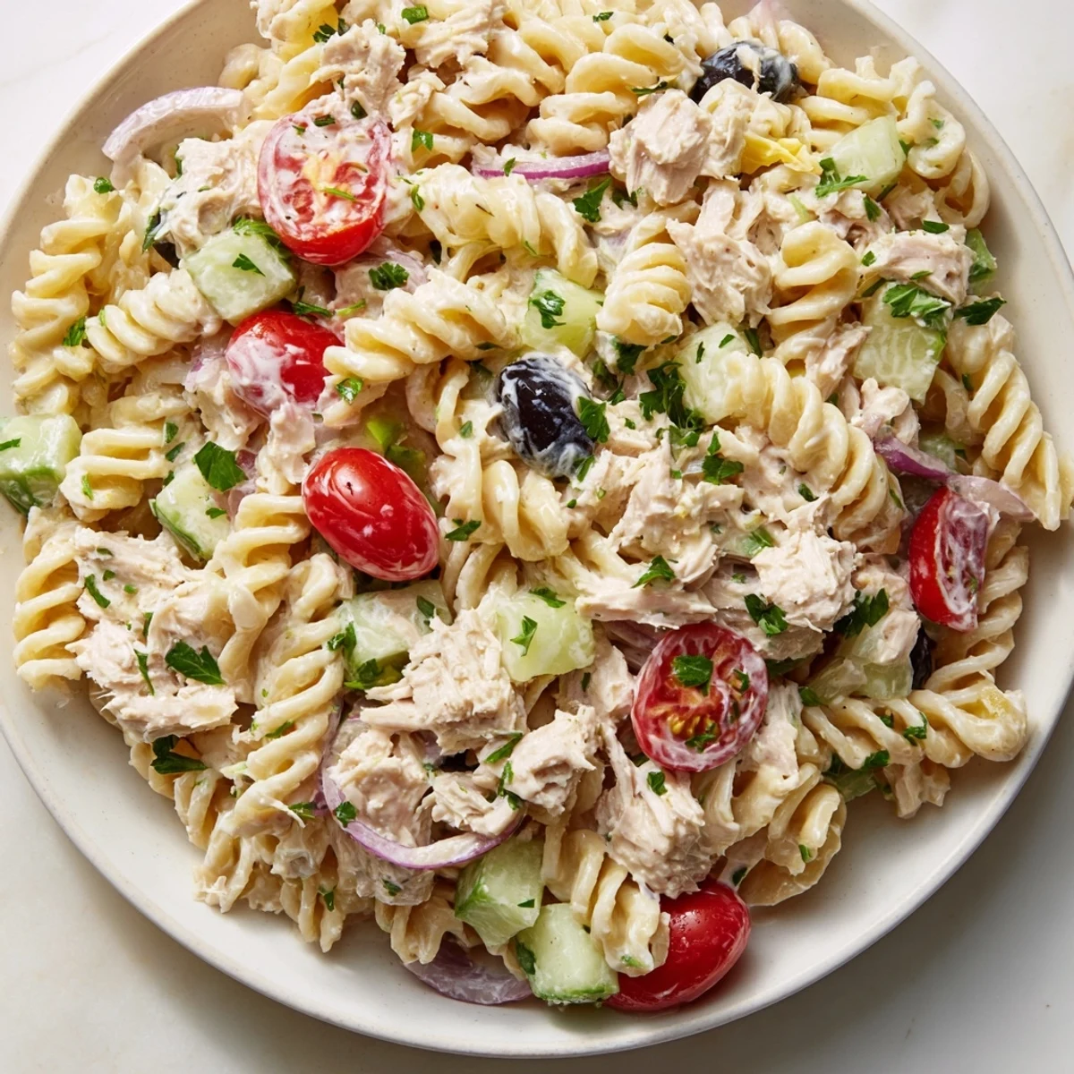 Chilled tuna pasta salad with colorful veggies and rich dressing on a white plate