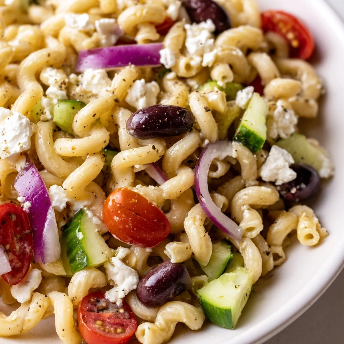 Colorful Greek pasta salad loaded with crisp cucumbers, ripe tomatoes, and tangy feta cheese