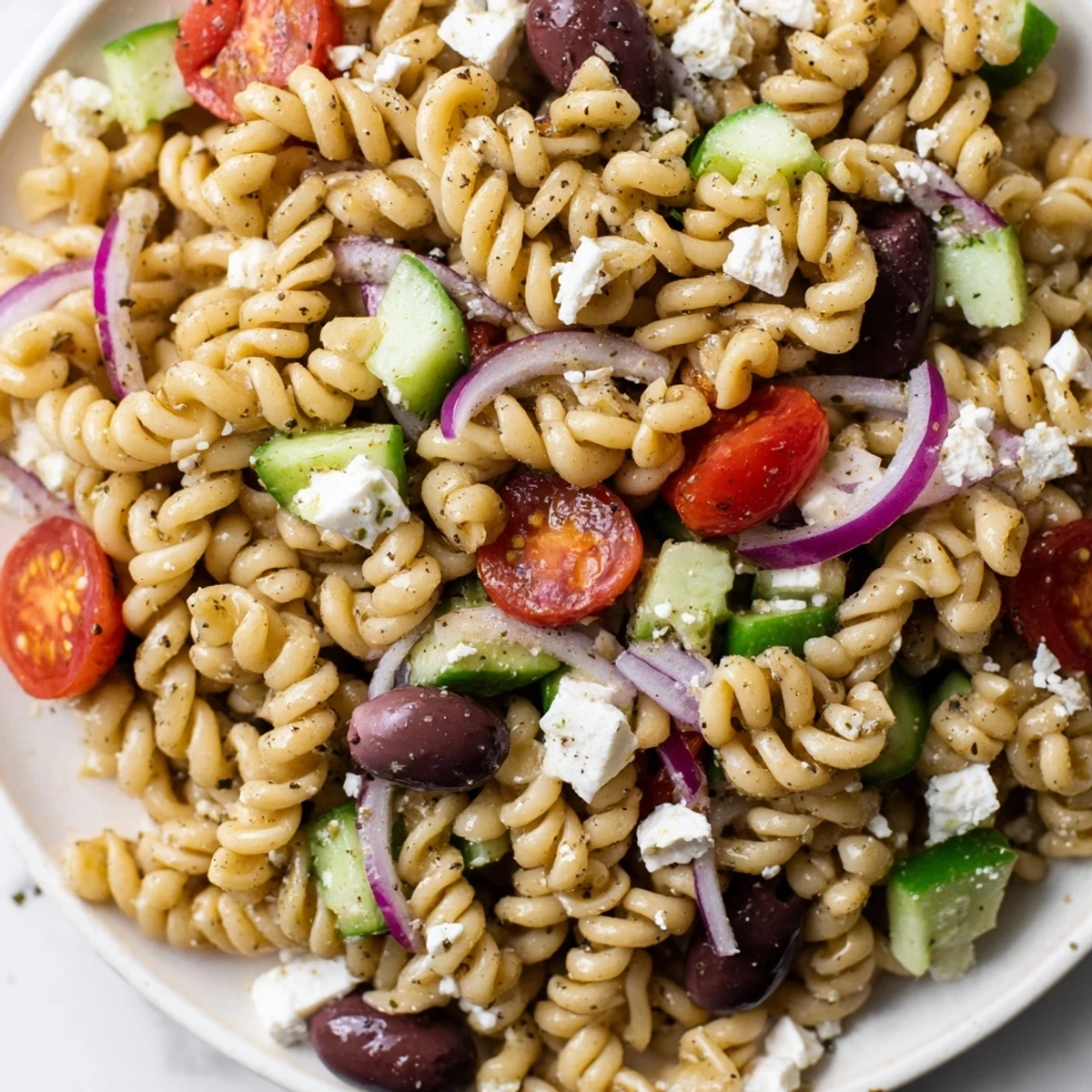 Chilled Greek pasta salad tossed with fresh vegetables and herbed olive oil dressing