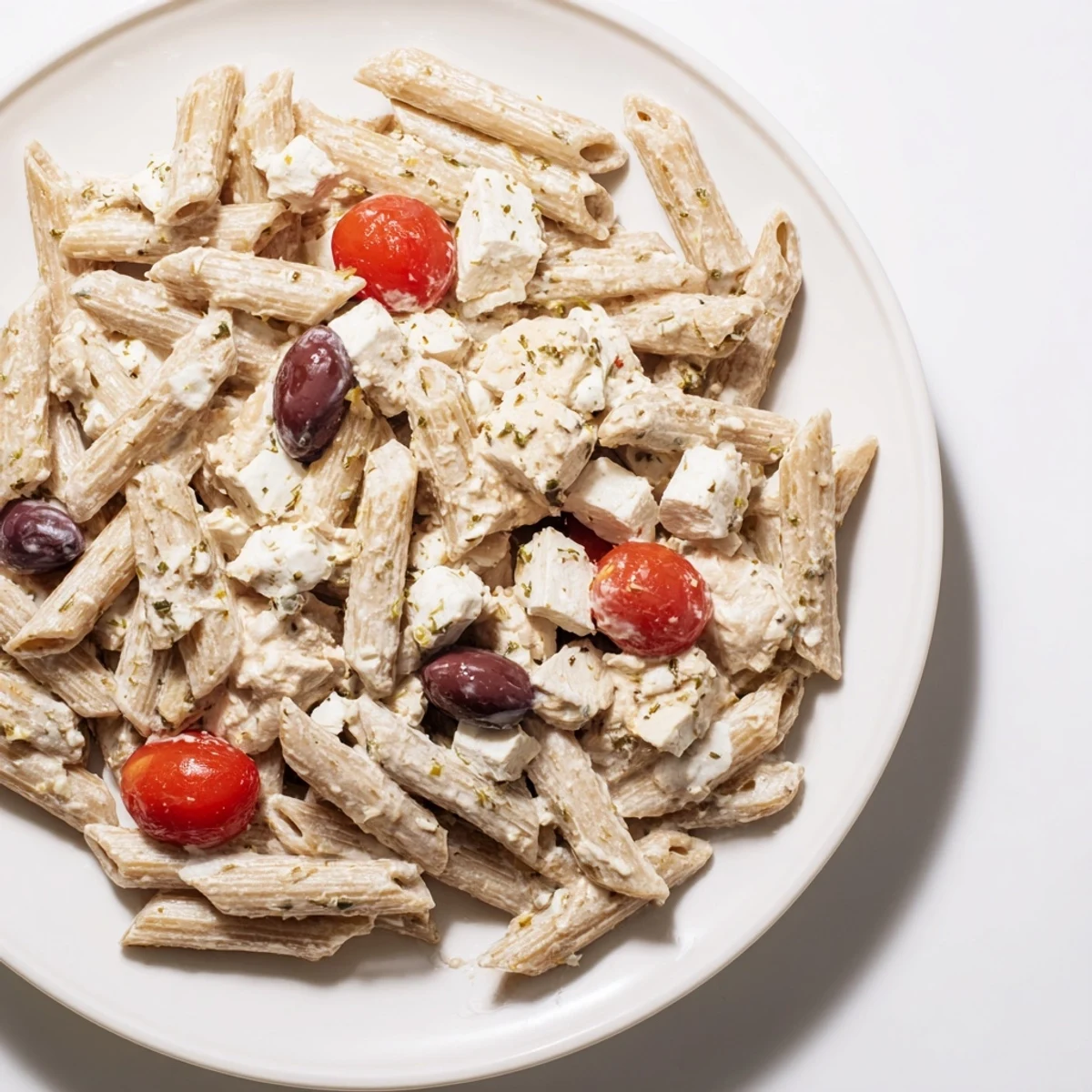 Colorful High Protein Greek Pasta Salad in a bowl with feta, tomatoes, and olives