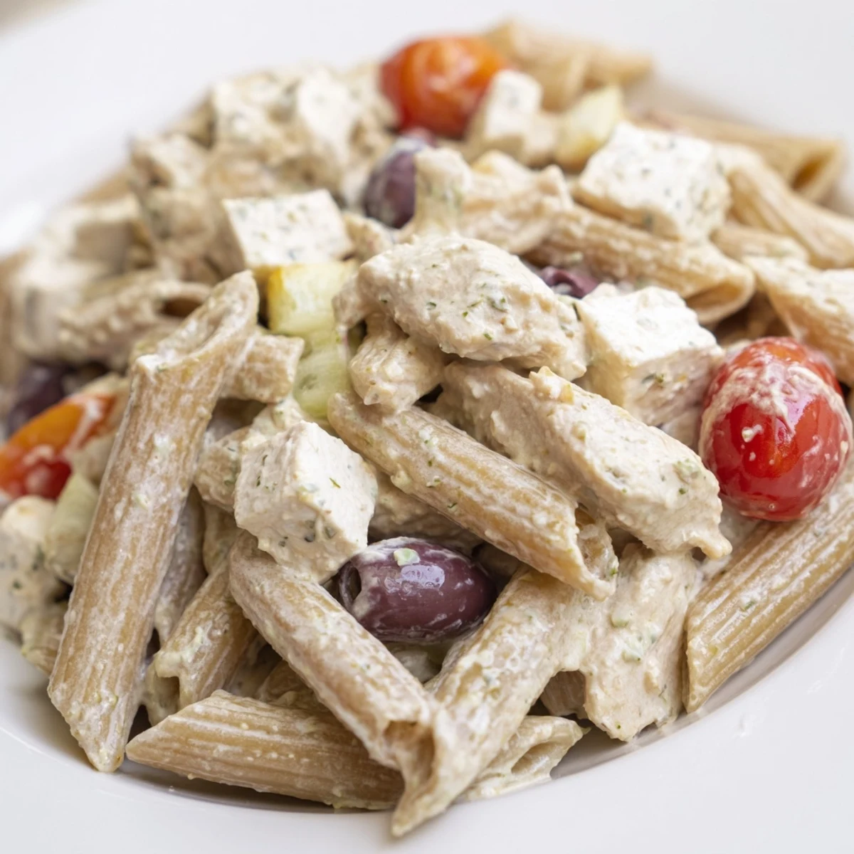 High Protein Greek Pasta Salad topped with crisp vegetables and creamy yogurt dressing