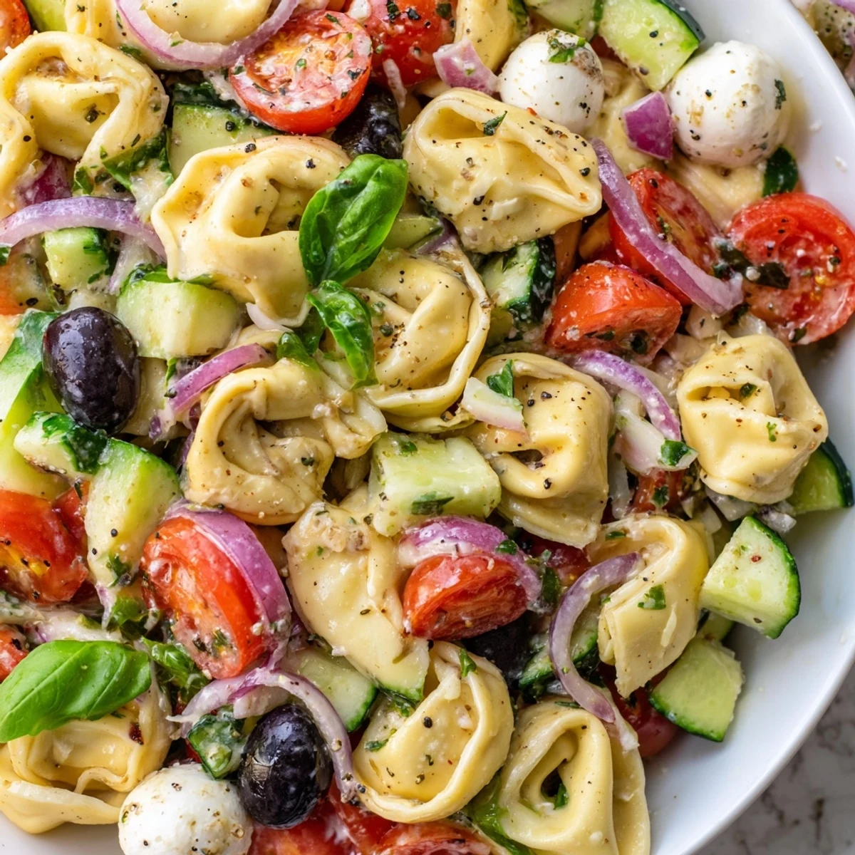 Tortellini salad in a bowl with fresh vegetables and zesty vinaigrette, ready to serve