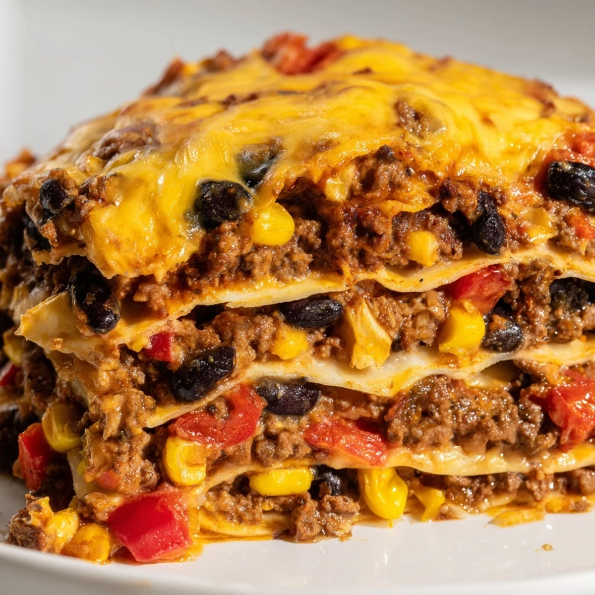Golden bubbling Mexican lasagna with melted cheese, spiced beef, and colorful veggie layers