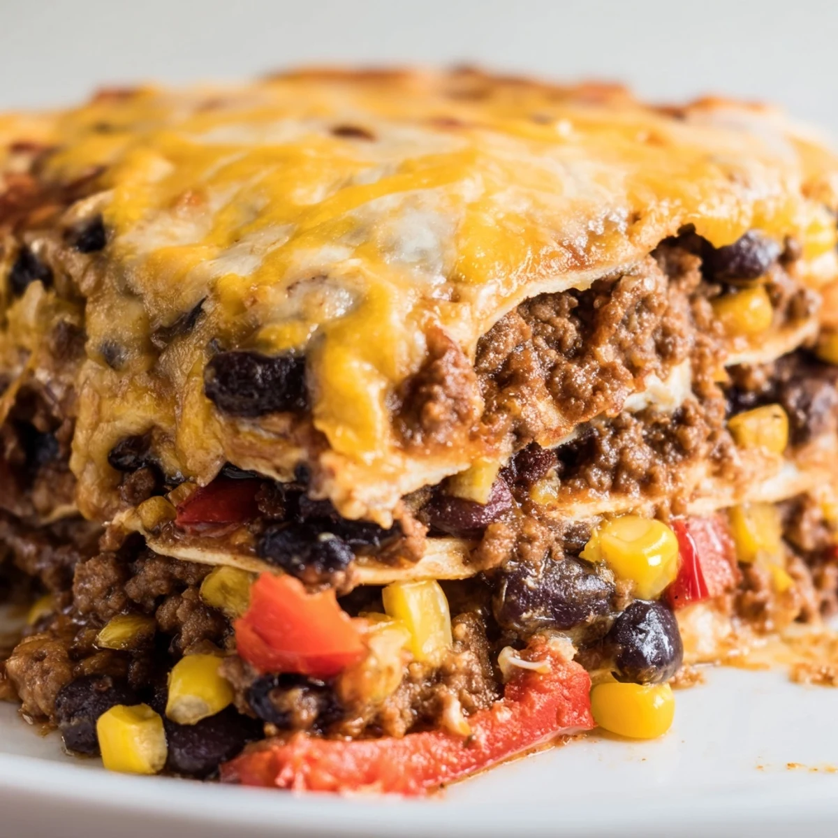 Mexican lasagna fresh from the oven with gooey cheese and zesty beef filling