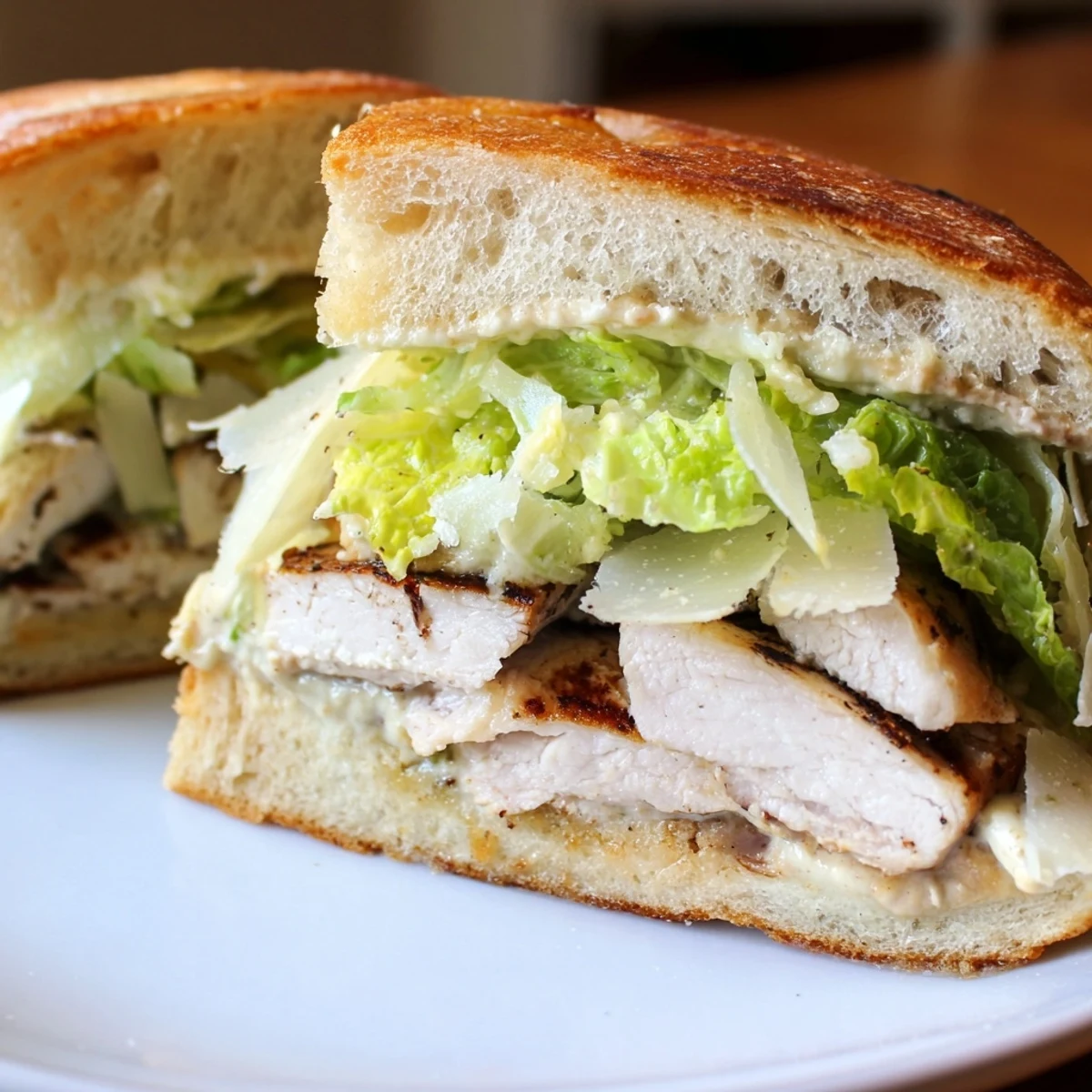 Grilled chicken Caesar sandwich on toasted ciabatta with crisp romaine and creamy dressing