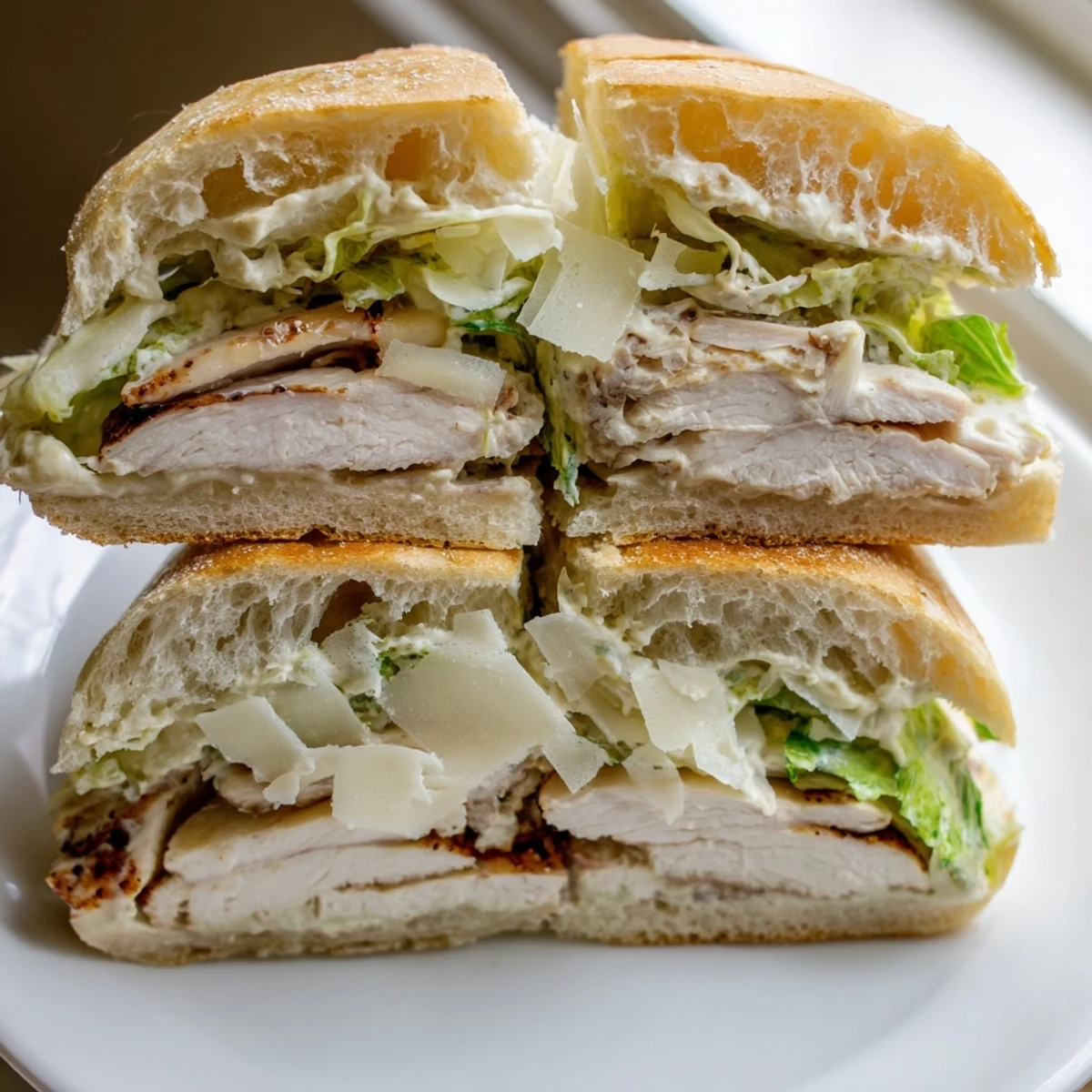 Juicy sliced chicken Caesar sandwich layered with shaved Parmesan and fresh romaine lettuce