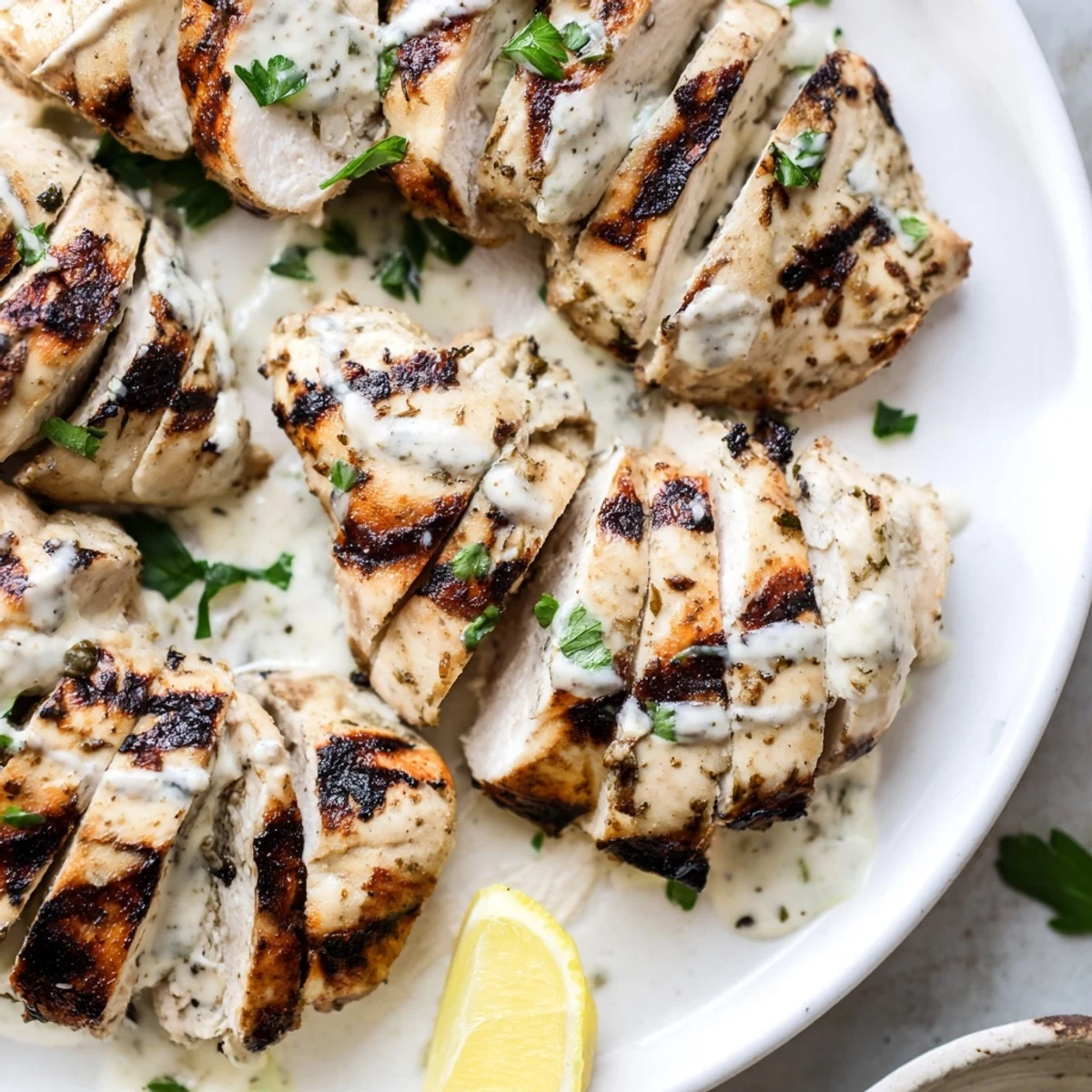 Golden Greek yogurt marinated chicken sliced thick and topped with fresh herbs