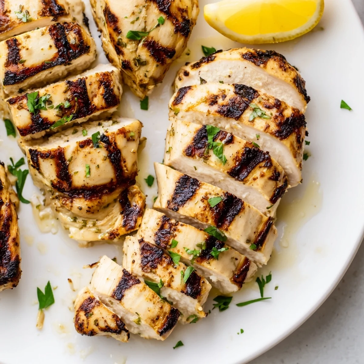 Creamy herb-coated Greek yogurt marinated chicken resting on a rustic wooden board