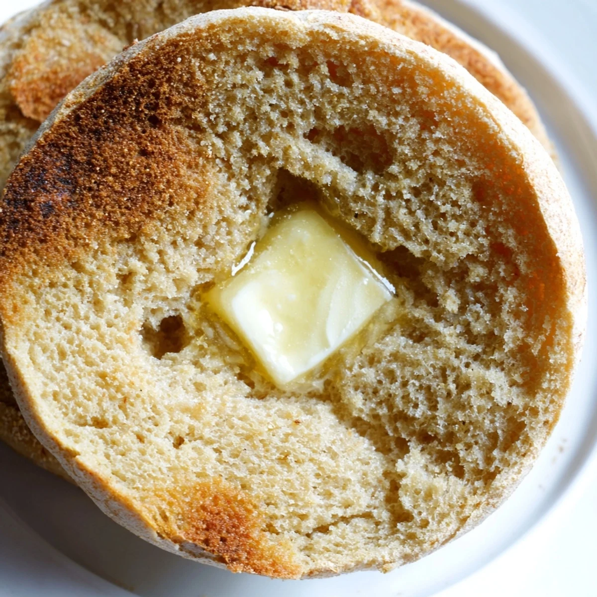 Golden homemade English muffins split open revealing buttery nooks and crannies ready for toasting
