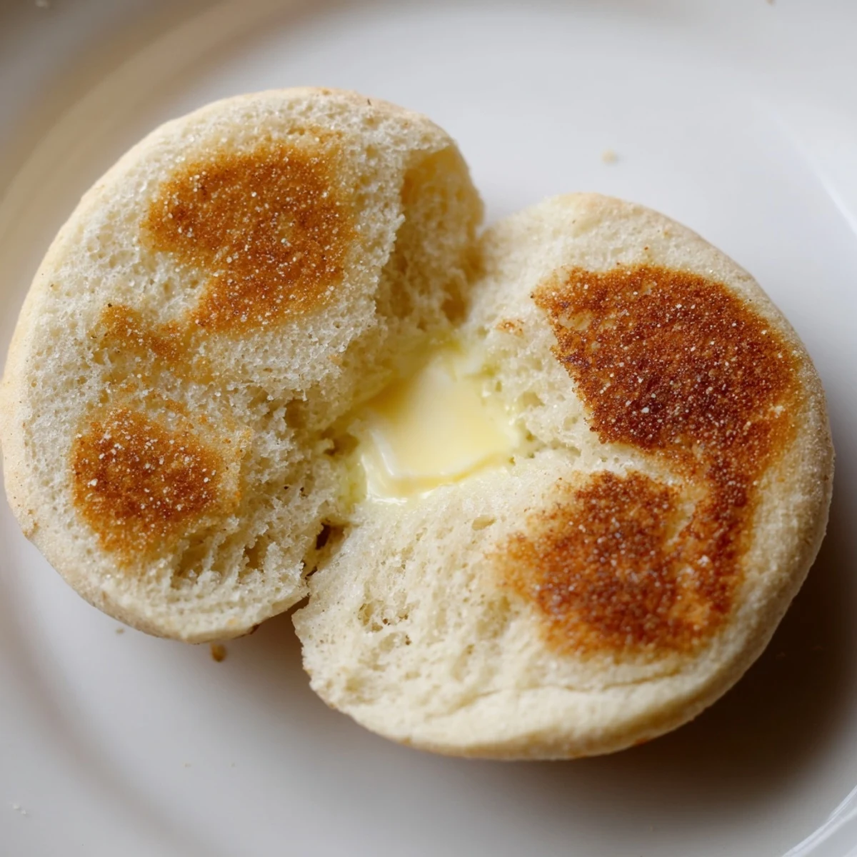 Warm homemade English muffins dusted with cornmeal cooling on a wire rack after griddle cooking