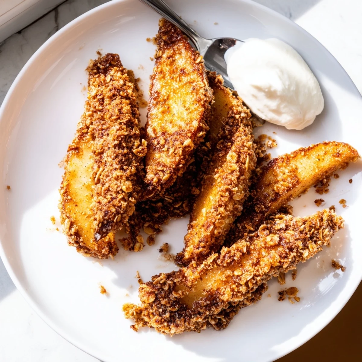 Tender caramelized air fryer apples topped with creamy vanilla ice cream in a rustic bowl