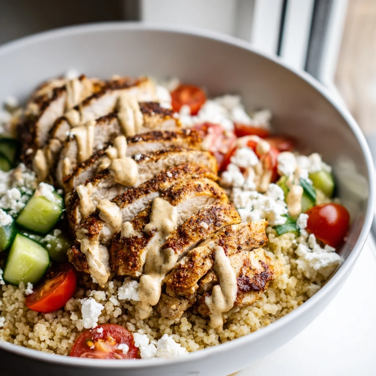 Golden sliced chicken crowns a vibrant Mediterranean chicken couscous bowl with fresh vegetables and herbs