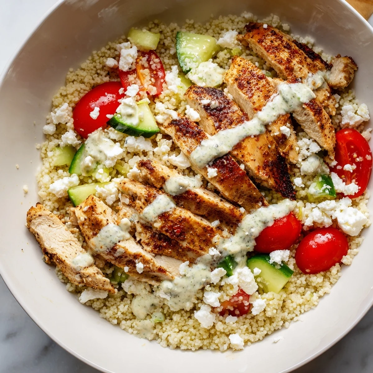 Steaming fluffy couscous topped with spiced chicken, olives, and a creamy lemon-tahini drizzle