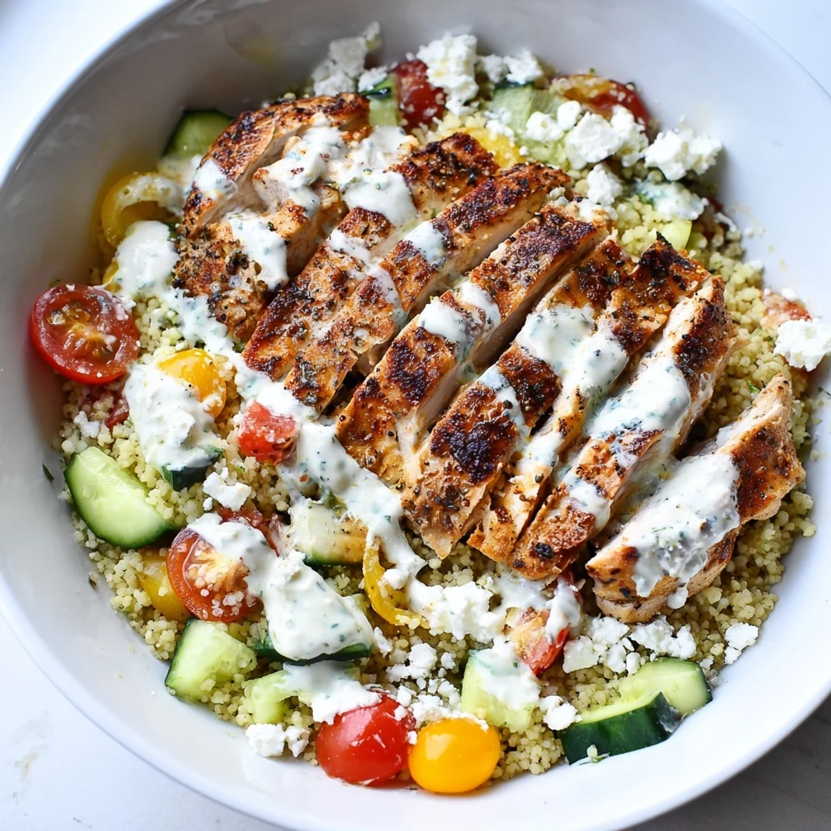 Close-up of a colorful Mediterranean chicken couscous bowl featuring tender sliced breast and cherry tomatoes
