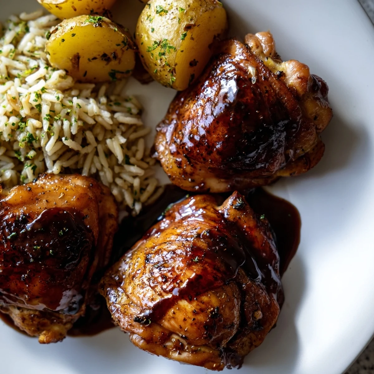 Glistening savory glazed chicken with herb rice and golden crispy potatoes on a plate