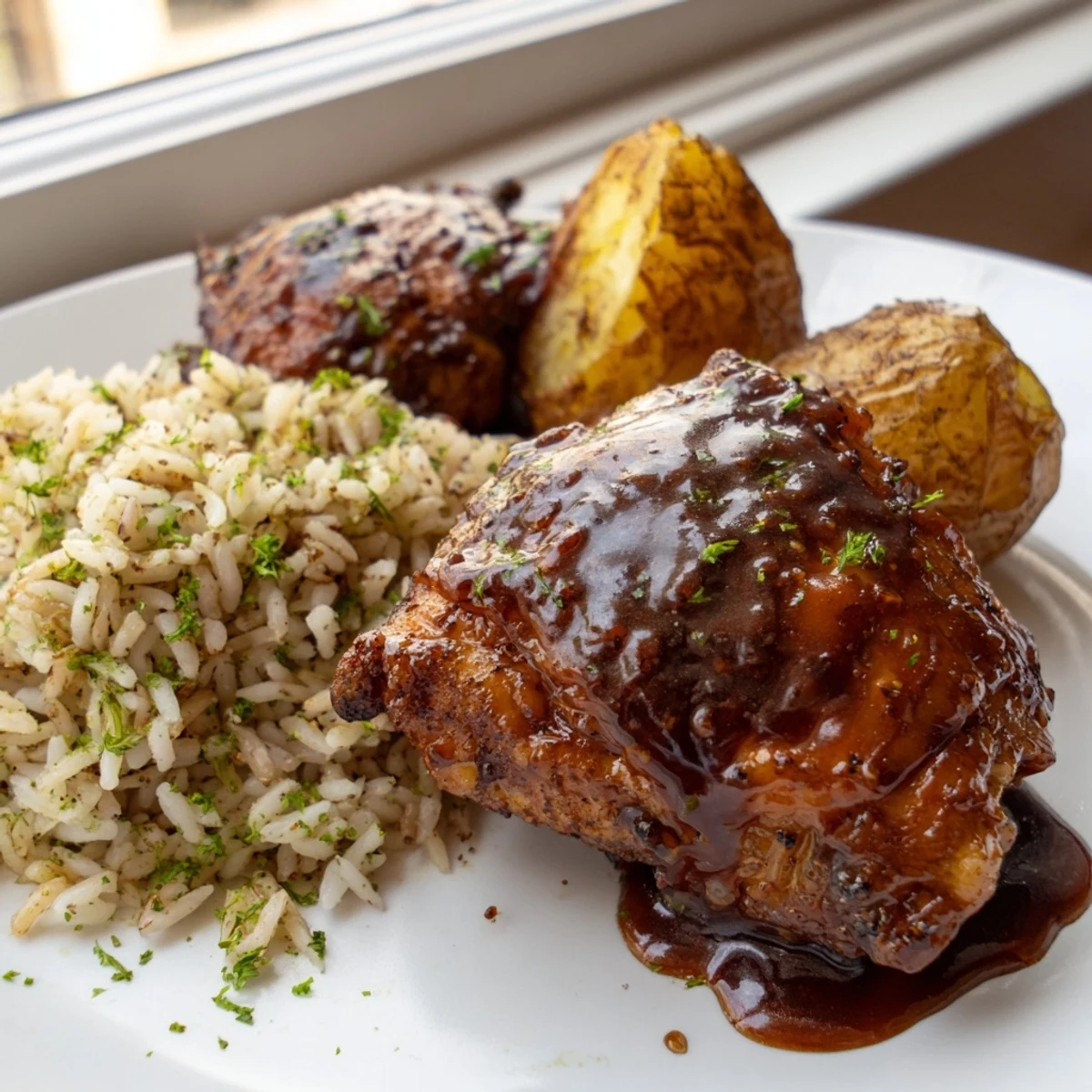 Golden glazed chicken thighs nestled beside bright green herb rice and roasted crispy potatoes