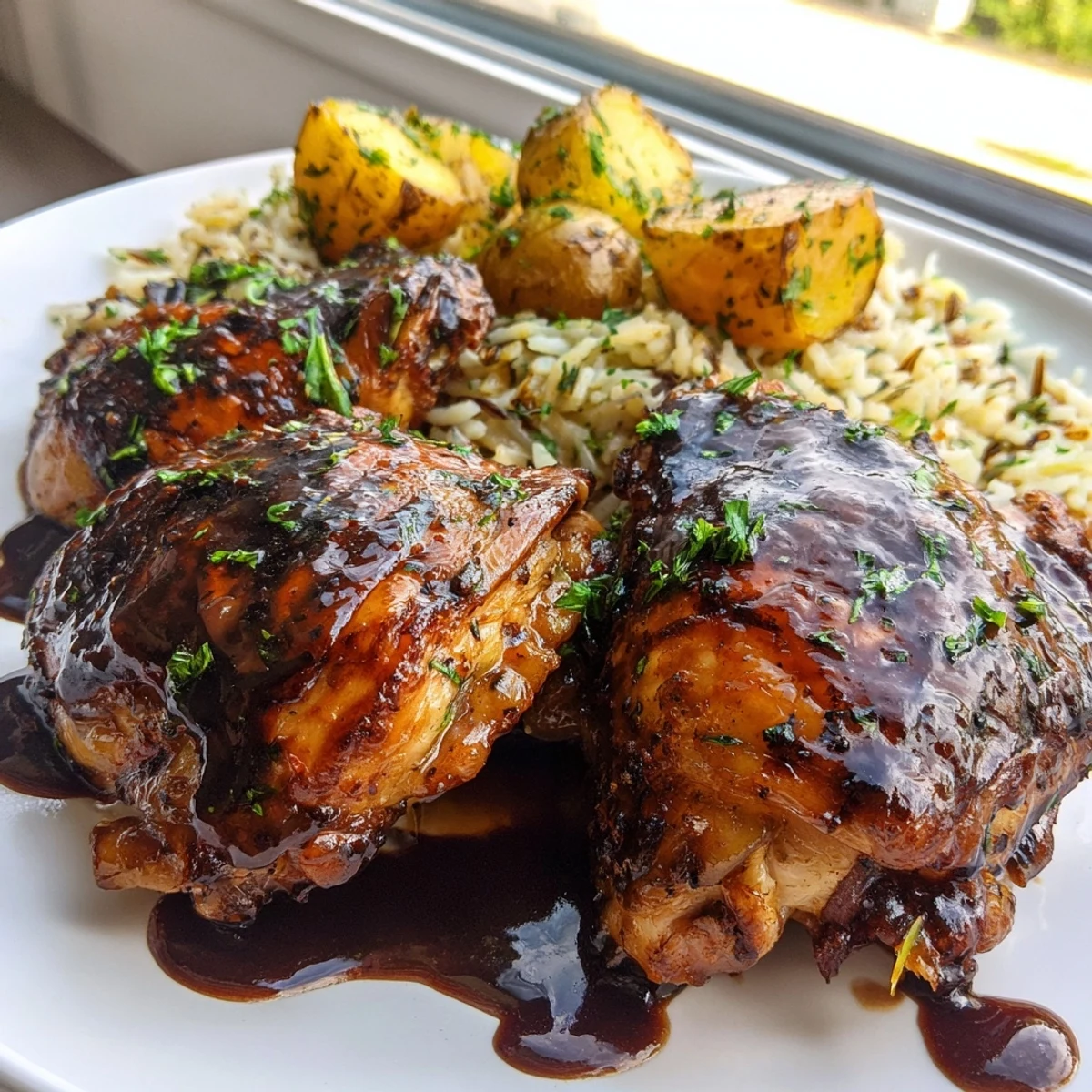 Caramelized savory glazed chicken served over fluffy herb rice with crunchy oven-roasted potato wedges