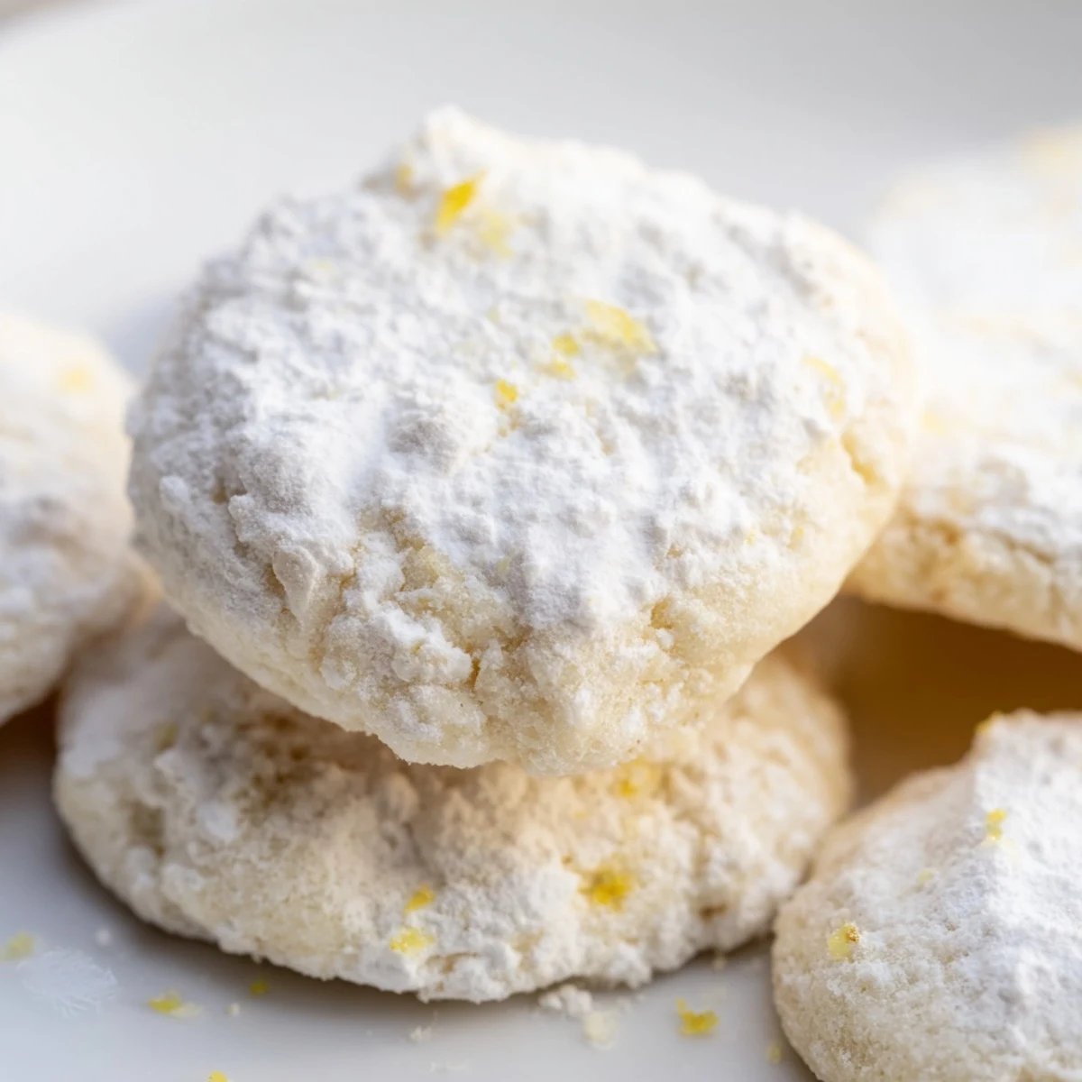 Powdered-sugar-dusted Lemon Meltaways arranged on a rustic parchment-lined baking sheet