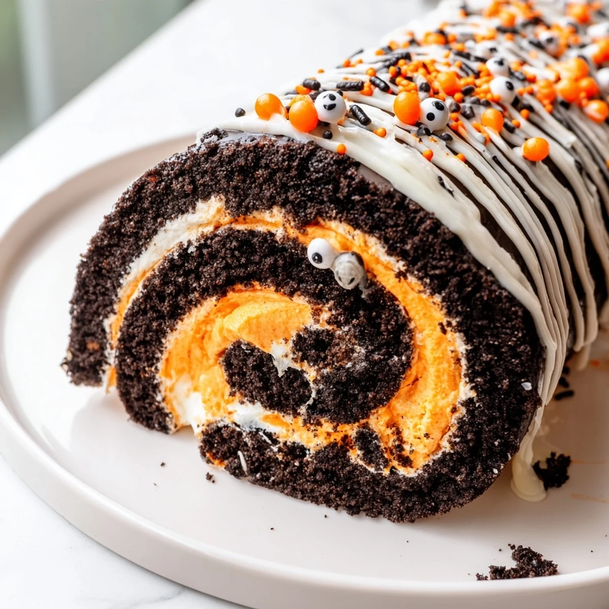 A spooky Halloween Oreo Roll sliced and topped with candy eyes and orange sprinkles