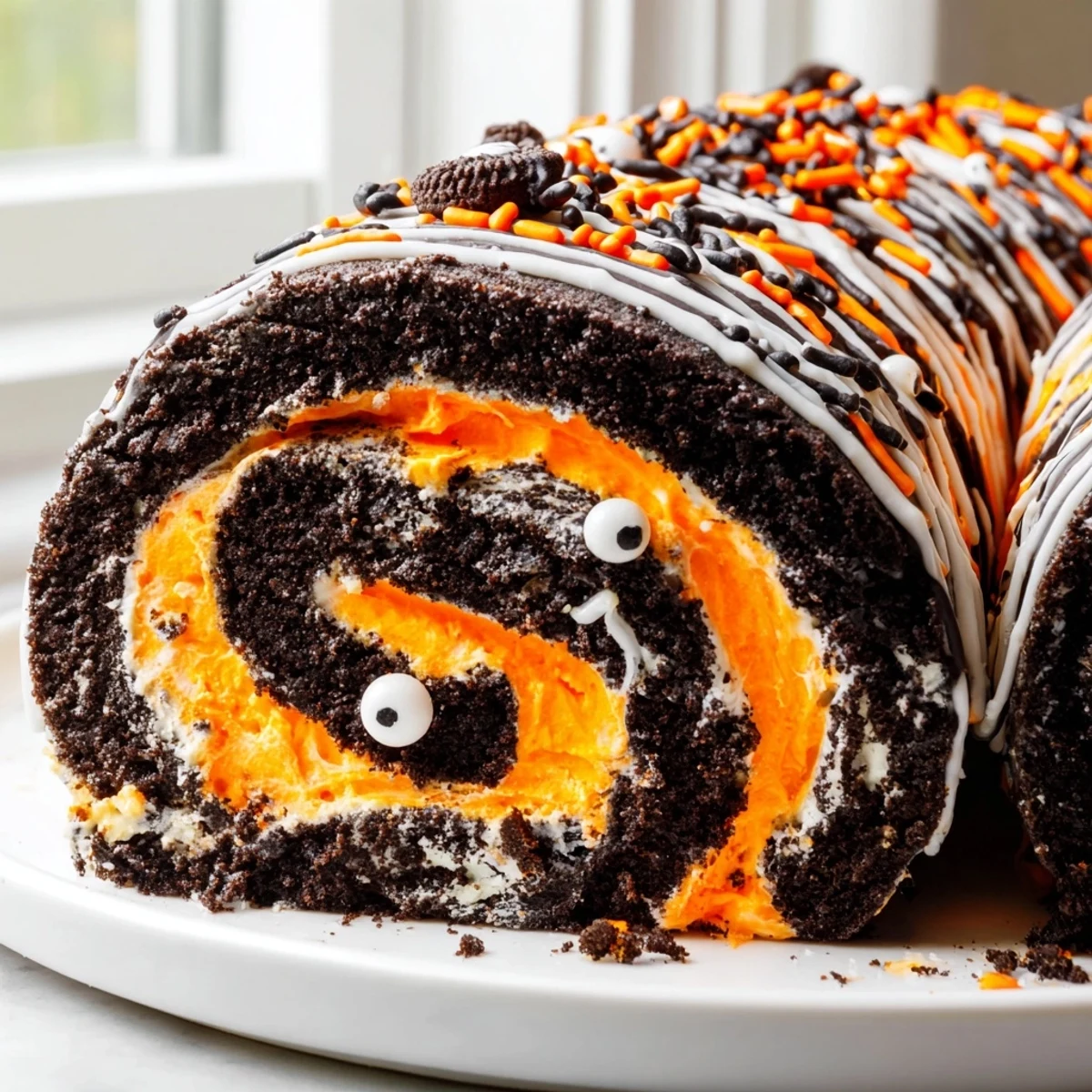 Creamy no-bake Halloween Oreo Roll swirled with purple whipped filling on a festive platter