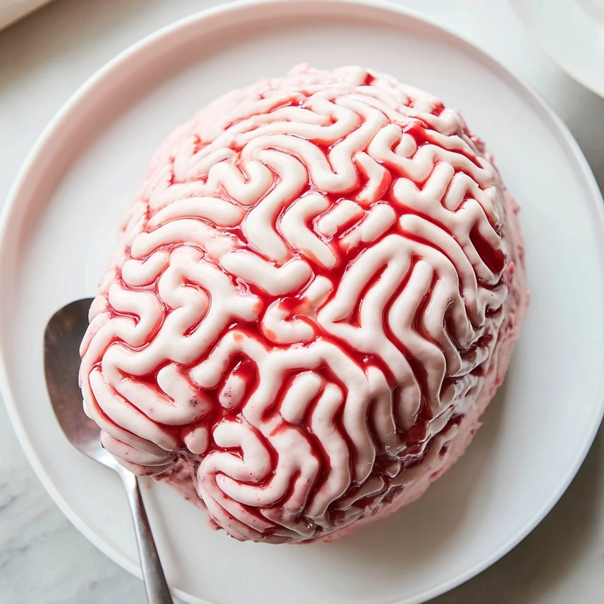 Creepy no bake strawberry cheesecake brain with pink chocolate folds and berry drizzle on a dark plate