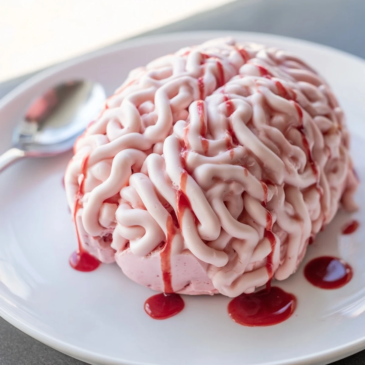 Smooth no bake strawberry cheesecake shaped like a brain topped with glossy red strawberry coulis