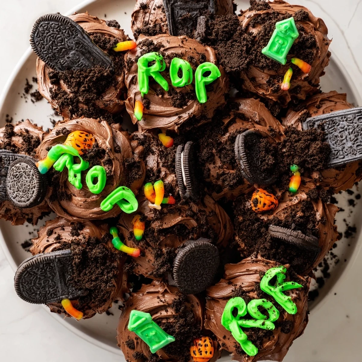 Pull Apart Graveyard Cupcakes arranged on a tray with chocolate frosting and crushed cookie dirt