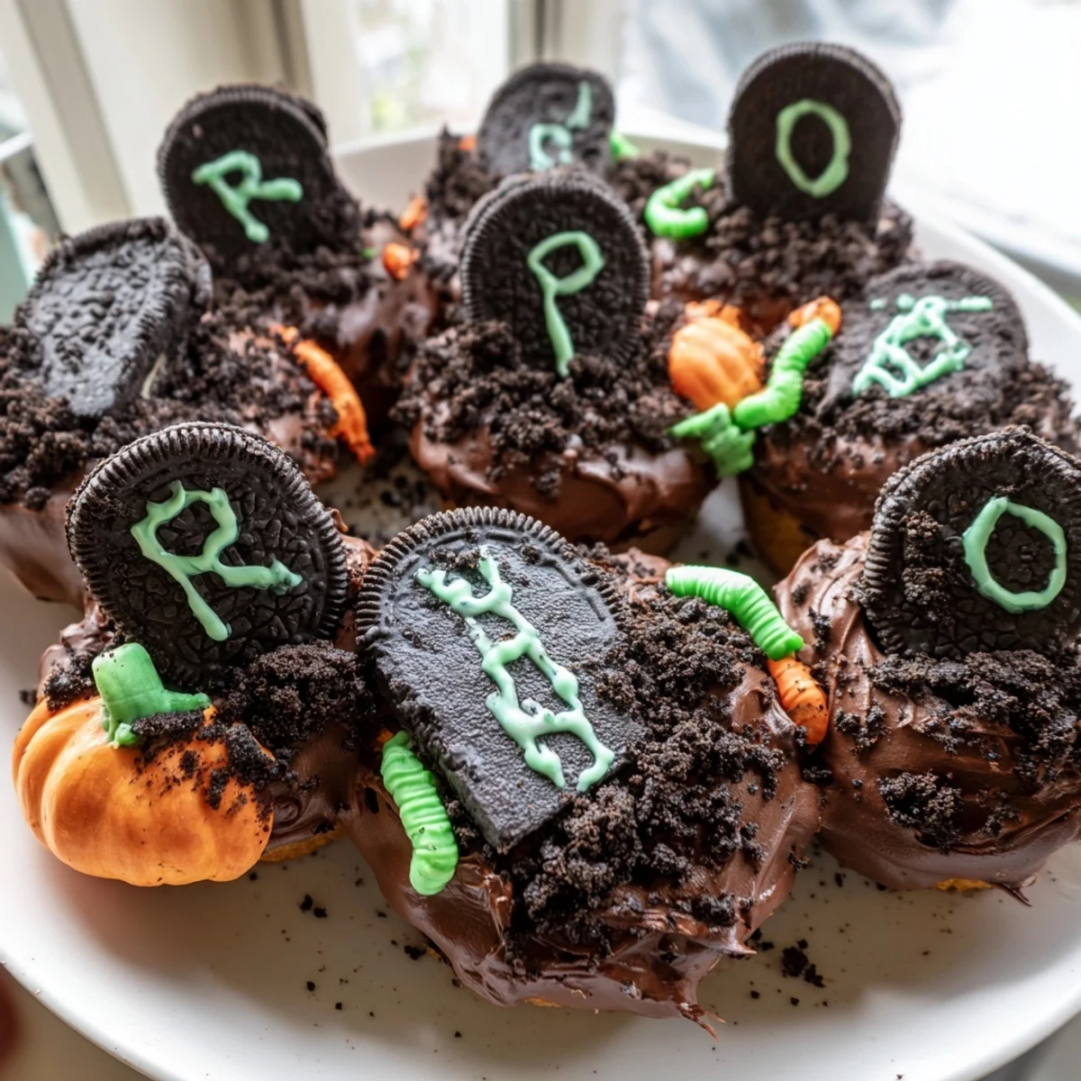 Pull Apart Graveyard Cupcakes topped with dark chocolate frosting and spooky edible graveyard decorations