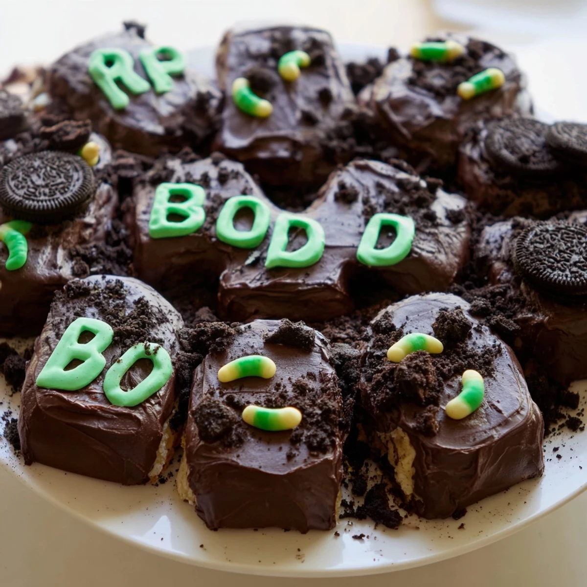 Frosted Pull Apart Graveyard Cupcakes decorated with cookie tombstones and gummy worms for Halloween