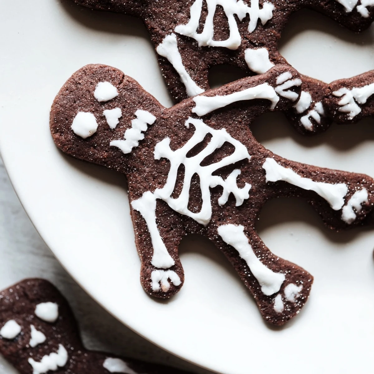 Dark cocoa chocolate cinnamon skeleton cookies decorated with intricate royal icing bone designs