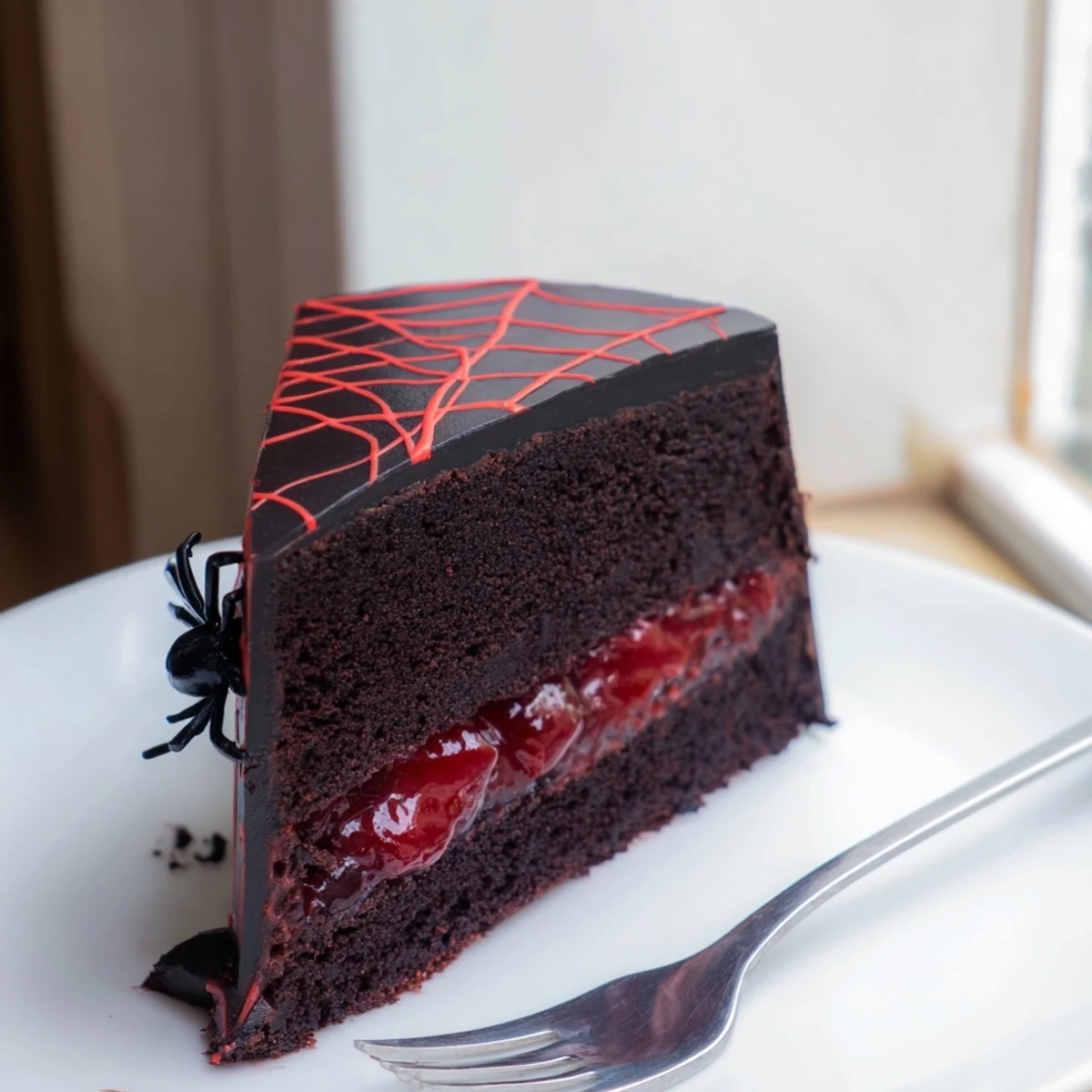 Dark Black Widow Cake with glossy ganache and creeping red vein frosting details