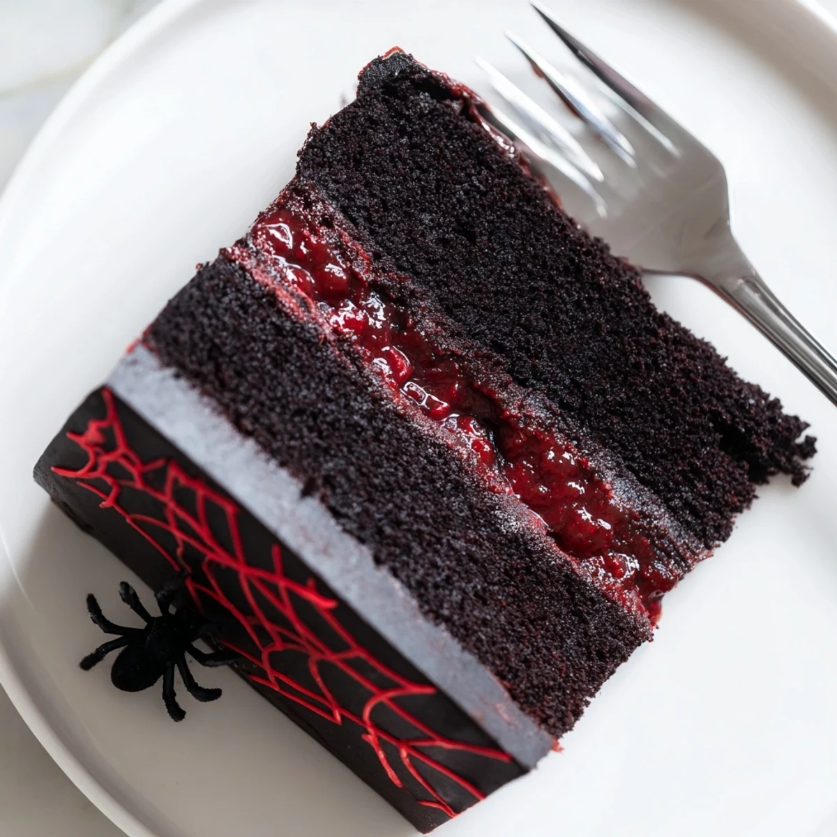 Hidden Horror Black Widow Cake sliced open revealing bright crimson cherry compote filling