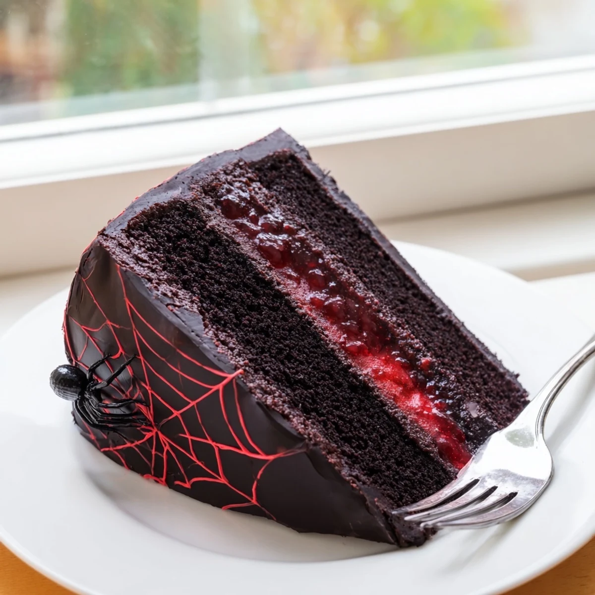 Spooky Black Widow Cake dripping with dark chocolate ganache topped with edible fondant spiders