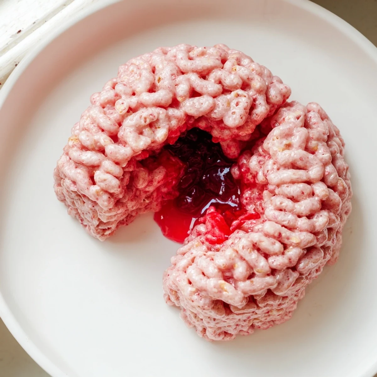 Spooky Stuffed Crispy Rice Cereal Brain sliced open revealing gooey red berry filling on a dark party platter