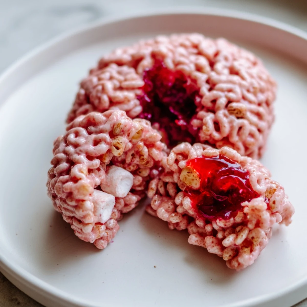 Pink Spooky Stuffed Crispy Rice Cereal Brain shaped with textured ridges surrounded by scattered candy eyes
